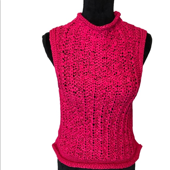 Anthropologie Tops - Anthropologie Hot Pink Crochet Sleeveless Mock Neck Top NWOT